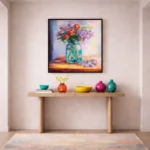 Impressionist hand-painted canvas of vibrant wildflowers in glass jar with warm golden and purple hues, contemporary entryway