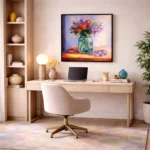 Impressionist hand-painted canvas of vibrant wildflowers in glass jar with warm golden and purple tones, contemporary workspace