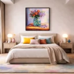 Impressionist hand-painted canvas depicting vibrant wildflowers in glass vase, warm golden and purple tones, contemporary bedroom