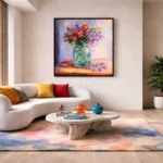 Impressionist hand-painted canvas depicting vibrant wildflowers in glass vase with warm golden and purple tones, contemporary living space