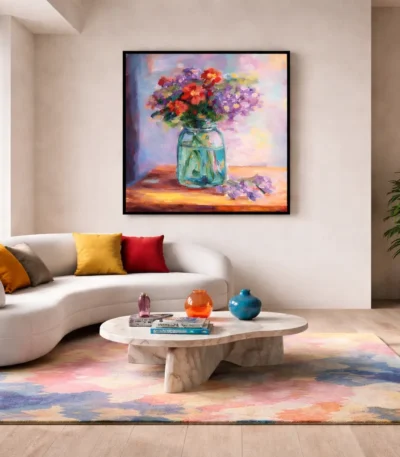 Impressionist hand-painted canvas depicting vibrant wildflowers in glass vase with warm golden and purple tones, contemporary living space