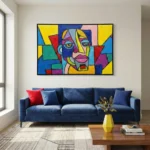 Vibrant cubist hand-painted canvas depicting an abstract portrait in bold primary colors and geometric forms, contemporary living space