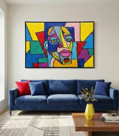 Vibrant cubist hand-painted canvas depicting an abstract portrait in bold primary colors and geometric forms, contemporary living space