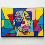 Expressionist hand-painted canvas featuring an abstracted face in vibrant primary colors and bold black outlines, contemporary wall art