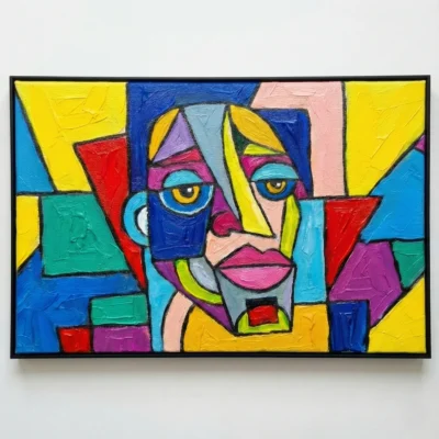 Expressionist hand-painted canvas featuring an abstracted face in vibrant primary colors and bold black outlines, contemporary wall art