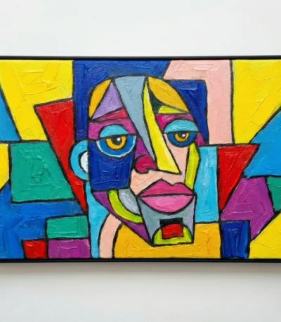 Expressionist hand-painted canvas featuring an abstracted face in vibrant primary colors and bold black outlines, contemporary wall art