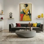 Contemporary figurative hand-painted canvas depicting woman in yellow dress with bold gestural strokes and vibrant color blocking, modern living space