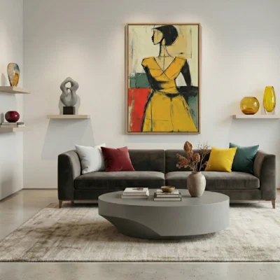 Contemporary figurative hand-painted canvas depicting woman in yellow dress with bold gestural strokes and vibrant color blocking, modern living space