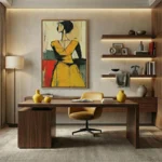 Contemporary figurative hand-painted canvas depicting woman in golden yellow dress, bold black contours and muted earth tones, modern office setting