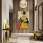 Contemporary figurative hand-painted canvas depicting woman in yellow dress, bold gestural brushstrokes, muted earth tones with red accent, modern entryway