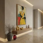 Contemporary figurative hand-painted canvas depicting woman in yellow dress with bold gestural strokes, warm and cool color palette, modern entryway
