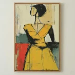 Contemporary figurative hand-painted canvas of woman in yellow dress with bold black outlines and gestural brushstrokes, muted earth-tone palette