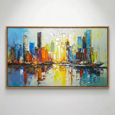 Contemporary abstract canvas depicting a vibrant cityscape with reflective water in bold yellows, oranges, blues and greens, white wall backdrop