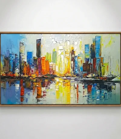 Contemporary abstract canvas depicting a vibrant cityscape with reflective water in bold yellows, oranges, blues and greens, white wall backdrop