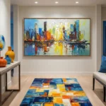 Expressionist hand-painted canvas depicting an abstract cityscape with vibrant blue, orange, and yellow reflections, modern gallery space
