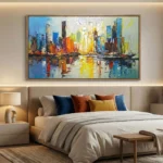 Gestural abstract cityscape hand-painted canvas in vibrant blues, oranges, and yellows with reflective water, modern bedroom