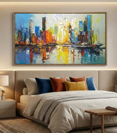 Gestural abstract cityscape hand-painted canvas in vibrant blues, oranges, and yellows with reflective water, modern bedroom