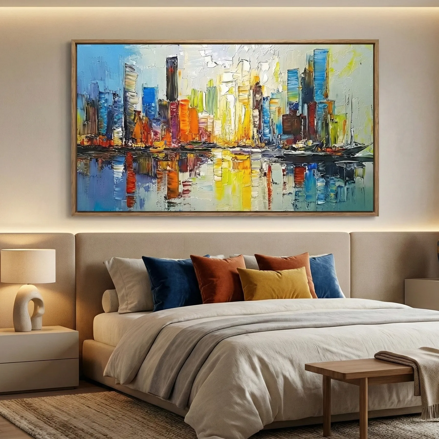 Vibrant Metropolis Abstract Thick texture colorful cityscape color art (3) Gestural abstract cityscape hand-painted canvas in vibrant blues, oranges, and yellows with reflective water, modern bedroom