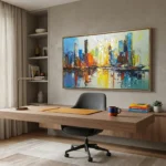 Gestural abstract expressionist painting depicting vibrant cityscape with bold blue, yellow, orange and crimson brushstrokes reflecting in water, modern office space