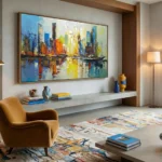 Gestural abstract expressionist hand-painted canvas depicting vibrant cityscape with reflective water in bold blues, yellows, and oranges, contemporary living space