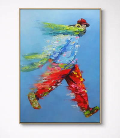 Expressionist hand-painted canvas depicting a dynamic baseball player in vibrant gestural brushstrokes, layered in greens, blues, and bold reds against a bright blue ground
