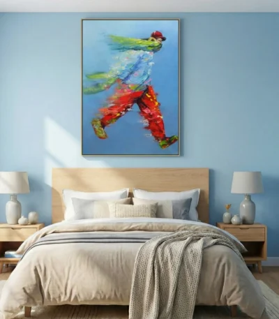Gestural abstract hand-painted canvas depicting dynamic figure in vibrant red, lime green and blue brushstrokes, modern bedroom