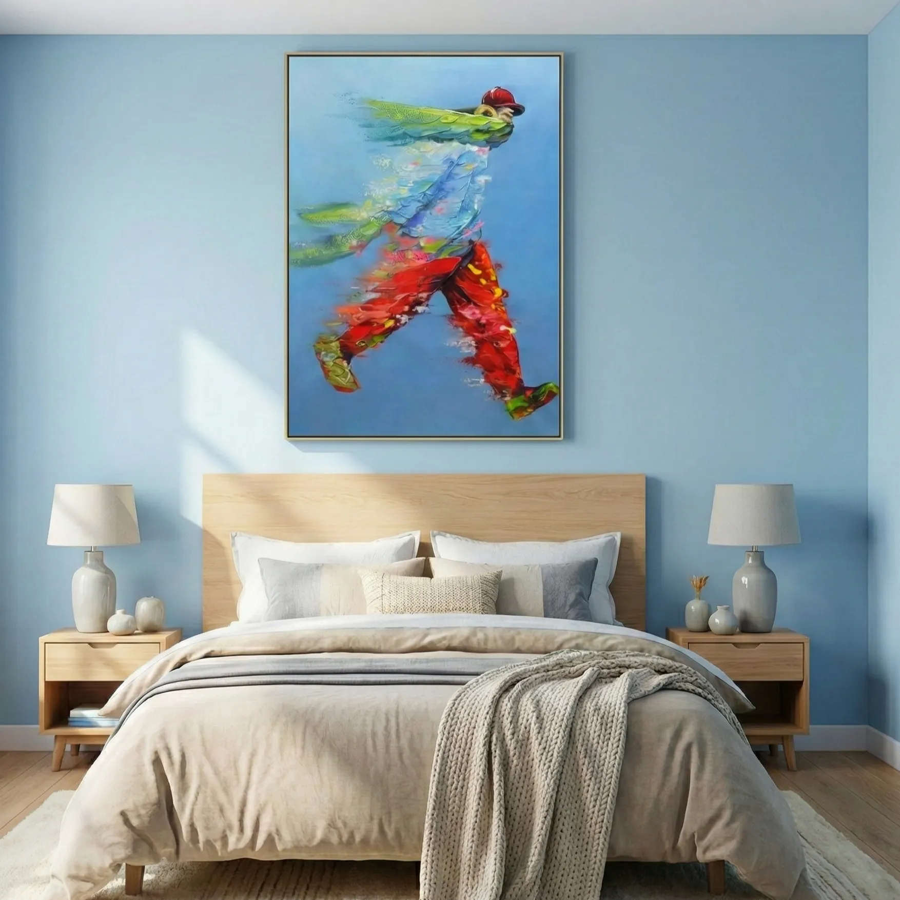 Vibrant Momentum – Abstract Colorful Runner Wall Art (2) Gestural abstract hand-painted canvas depicting dynamic figure in vibrant red, lime green and blue brushstrokes, modern bedroom