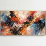 Gestural abstract expressionist hand-painted canvas in dynamic orange, red, blue and gold brushstrokes, contemporary living space