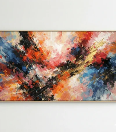 Gestural abstract expressionist hand-painted canvas in dynamic orange, red, blue and gold brushstrokes, contemporary living space