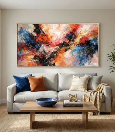 Gestural abstract expressionist hand-painted canvas in vibrant reds, blues, and golds with dynamic brushstrokes, contemporary living space