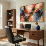 Gestural abstract expressionist hand-painted canvas in vibrant oranges, reds, blues and gold brushstrokes, contemporary home office