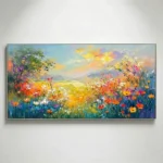 Impressionist hand-painted canvas of vibrant wildflower meadow under golden sunset sky with layered brushwork in multicolored palette, contemporary living space
