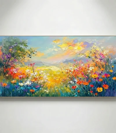 Impressionist hand-painted canvas of vibrant wildflower meadow under golden sunset sky with layered brushwork in multicolored palette, contemporary living space