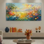 Impressionist hand-painted canvas depicting wildflower meadow with vibrant orange, purple and yellow blooms beneath golden sky, contemporary living space