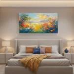 Impressionist hand-painted canvas of wildflower meadow with vibrant red, yellow, and blue blooms beneath golden sky, modern bedroom
