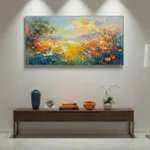 Impressionist hand-painted canvas depicting vibrant wildflower meadow with red, yellow, and orange blooms beneath soft sky, contemporary space