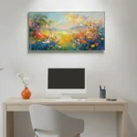 Impressionist hand-painted canvas depicting vibrant wildflower field with golden sunset and mountain backdrop in warm jewel tones, contemporary workspace