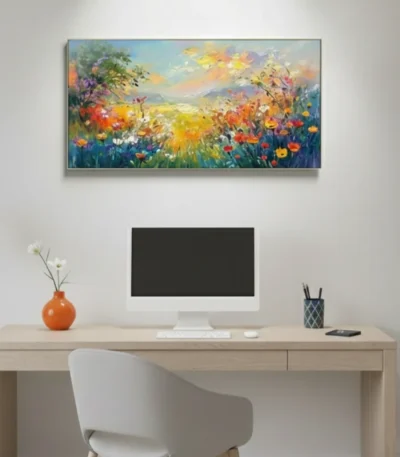 Impressionist hand-painted canvas depicting vibrant wildflower field with golden sunset and mountain backdrop in warm jewel tones, contemporary workspace