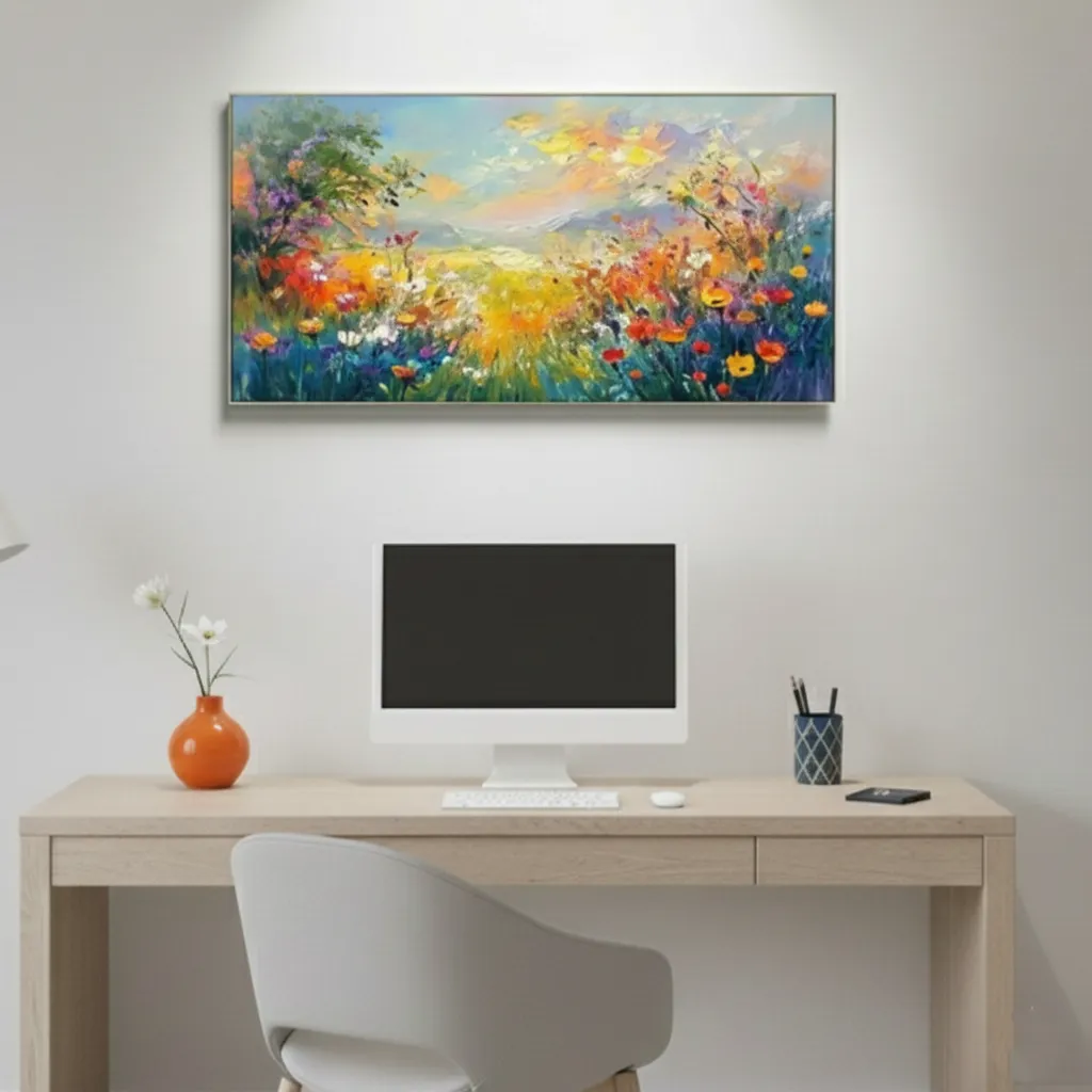 Vibrant Summer Glow Modern colorful canvas painting color wall art (5) Impressionist hand-painted canvas depicting vibrant wildflower field with golden sunset and mountain backdrop in warm jewel tones, contemporary workspace