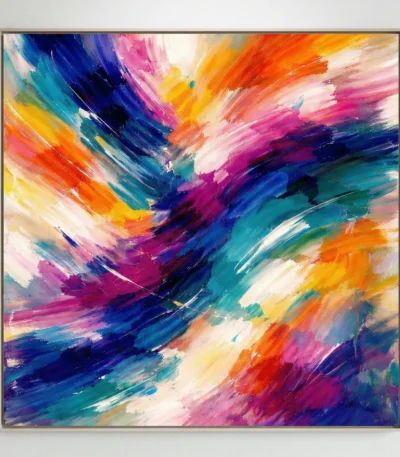 Gestural abstract hand-painted canvas with dynamic rainbow brushstrokes and layered colour movement, vibrant contemporary wall art