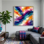 Gestural abstract expressionist hand-painted canvas in vibrant multicolored brushstrokes, contemporary living space