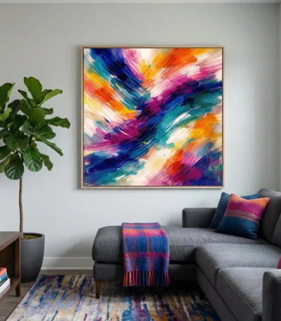 Gestural abstract expressionist hand-painted canvas in vibrant multicolored brushstrokes, contemporary living space