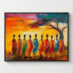Gestural expressionist hand-painted canvas depicting ten robed figures in vibrant jewel tones beneath a golden sunset sky with solitary tree, against white wall
