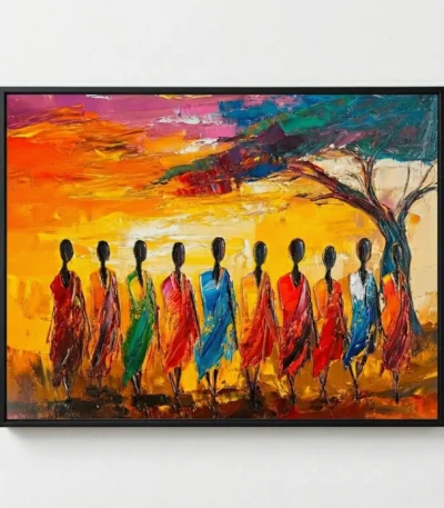 Gestural expressionist hand-painted canvas depicting ten robed figures in vibrant jewel tones beneath a golden sunset sky with solitary tree, against white wall