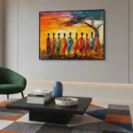 Figurative hand-painted canvas depicting nine standing figures in vibrant jewel-toned robes against warm golden sunset landscape