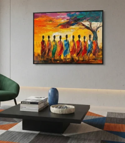 Figurative hand-painted canvas depicting nine standing figures in vibrant jewel-toned robes against warm golden sunset landscape