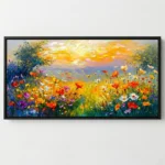 Impressionist hand-painted canvas depicting wildflower meadow with vibrant reds, golds, and purples beneath golden sunset sky