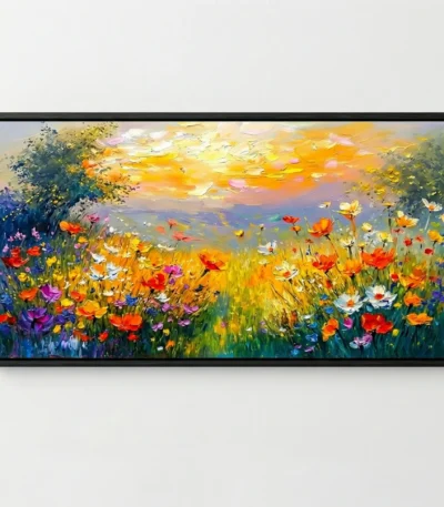 Impressionist hand-painted canvas depicting wildflower meadow with vibrant reds, golds, and purples beneath golden sunset sky