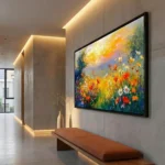 Impressionist hand-painted canvas depicting wildflower field with vibrant reds, yellows, and greens under golden sunset sky, contemporary interior