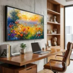 Impressionist hand-painted canvas depicting wildflower meadow at golden sunset in vibrant multicolored palette, contemporary office setting